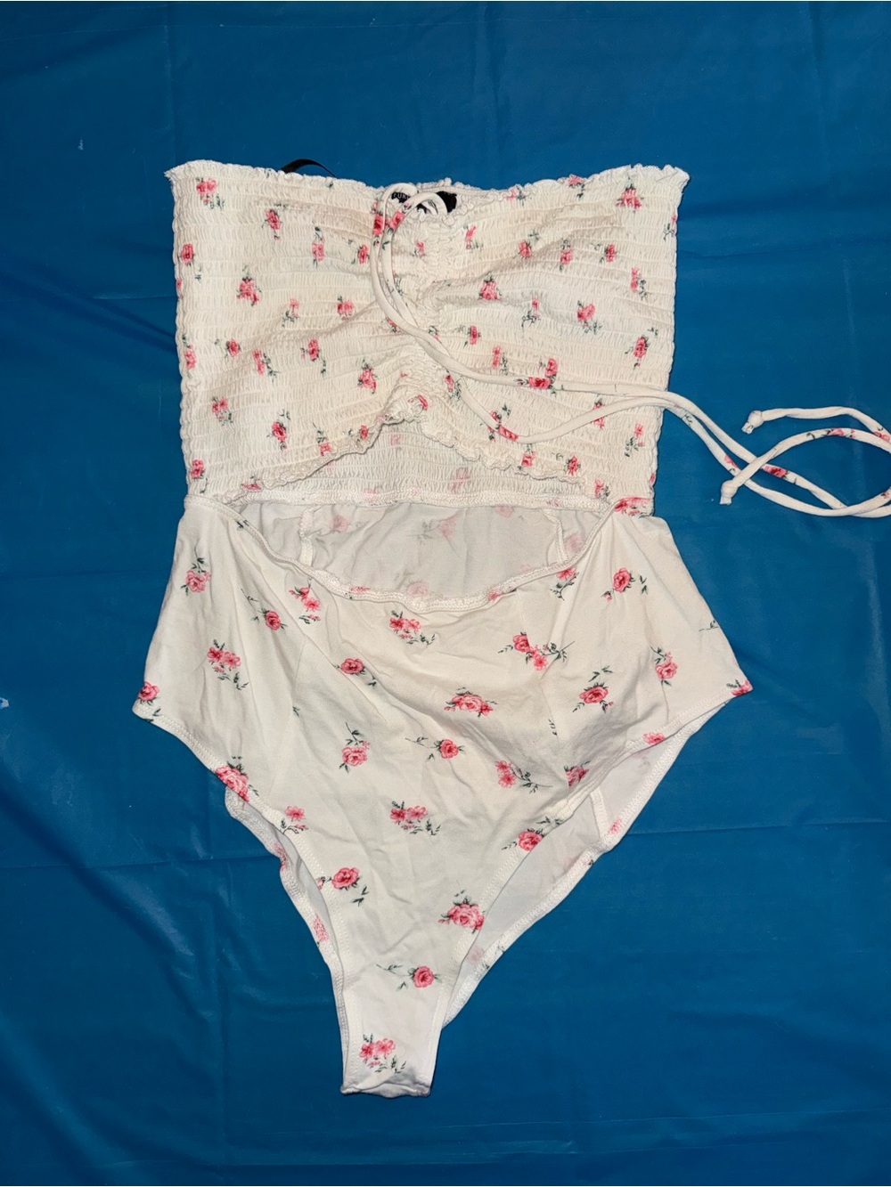 Forever 21 White Strapless Floral Smocked Bodysuit with Pink Roses